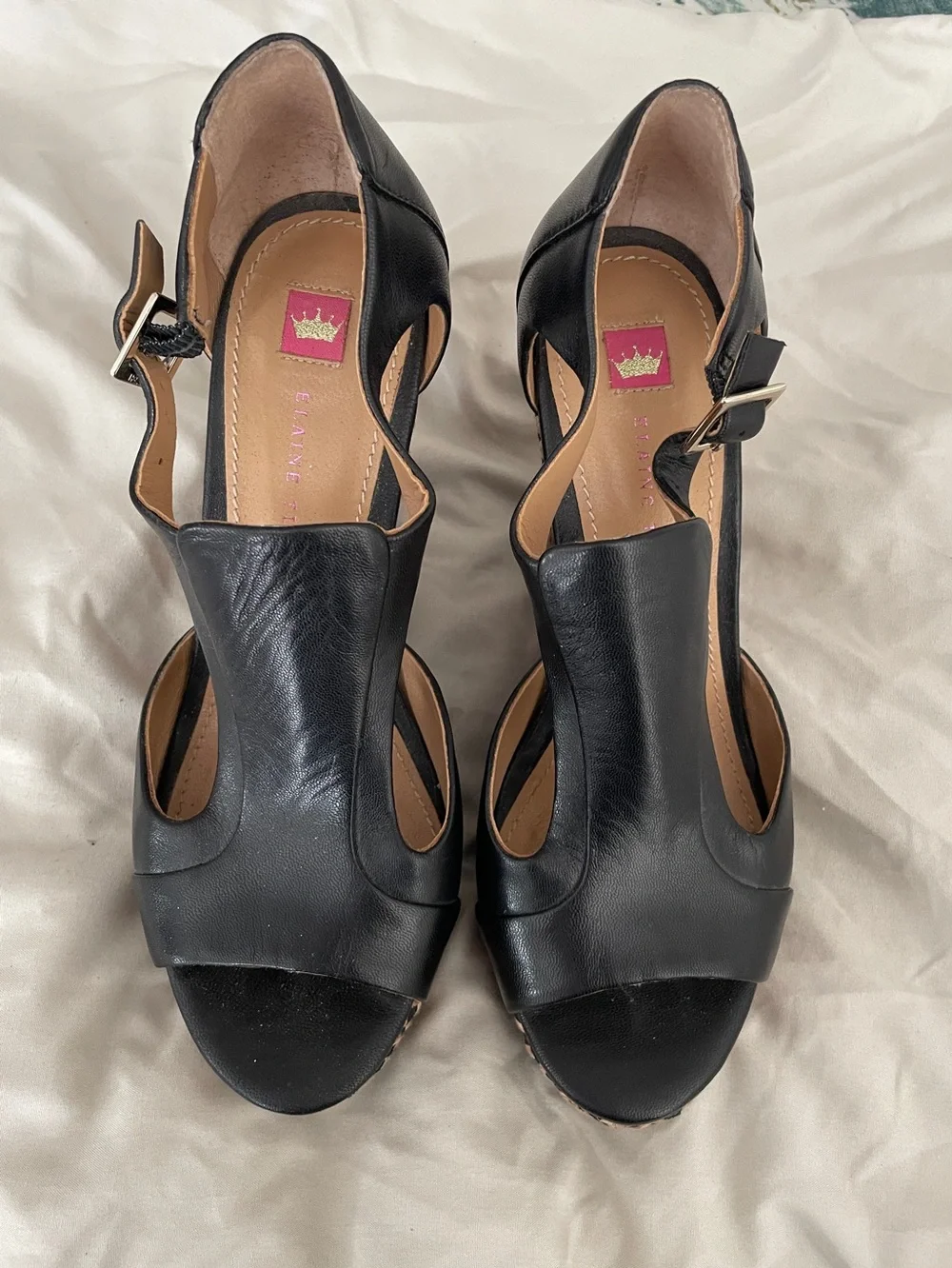 Elaine Turner Julia wedges in black leather with an optic basket weave pattern
